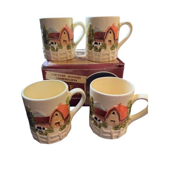 Vintage Country Scene Earthenware 18 Pc. Dish Set Farmhouse Mugs Teapot Cookie - Picture 10 of 12